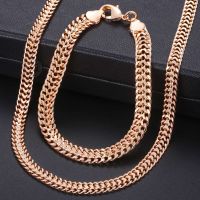 Davieslee Men Womens Jewelry Sets 585 Rose Gold Color Double Cuban Weaving Bismark Chain Bracelet Necklace Set Jewelry DCS04