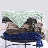 ►❣ Cotton Knitting Decoration Blanket Concis Modern Nap Sofa Throw Blanket With TasselsColor Crystal Blue Mint Green