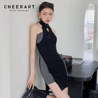 CHEERART Designer Patchwork Black Sleeveless Bodycon Cheongsam Dress Women Summer Asymmetrical Ladies Mini Dress Punk Fashion