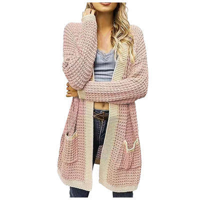 Female Elegant Cardigan Pocket Ladies Color Spliced Wool Jacket Sweater Loose Thick Cardigan Top Clothes Sueters De Mujer