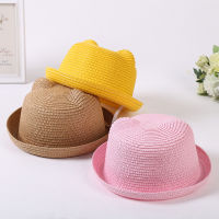 [hot]Cute Kids Straw Sun Hat Girls Boys Cat Ears Summer Childrens Beach Hat Pink Yellow Cap Panama Casquette