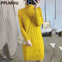 【YF】 Fall Winter Turtleneck Slim Sweater Dress Women Yellow Rib Knitted Dresses Long Sleeve Elegant Twist Black Warm Vestido Midi