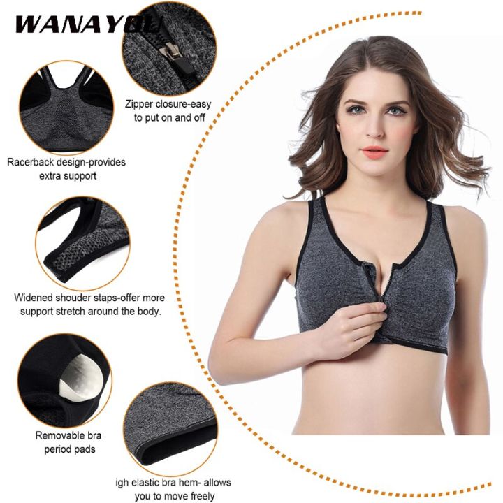 WANAYOU Women Zipper Sports Bras,Plus Size XL Wirefree Padded Push Up Sports  Tops,Breathable Fitness Gym Yoga Sports Bra Top