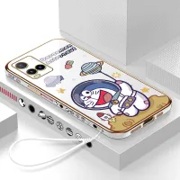(ฟรี Lanyard) โทรศัพท์มือถือ Vivo Y21 2021 VivoY21S กรณี Y33T Y33S Y21T โทรศัพท์กรณีน่ารักการ์ตูน Doraemon Space นักบินอวกาศขอบสแควร์รูปแบบปลอกเชลล์หรูหรานุ่มกรณี