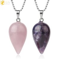 CSJA Natural Stone Teardrop Pendant Necklace Pointed Water Drop Healing Pink Quartz Lapis Crystal Women Men Fashion Jewelry G402