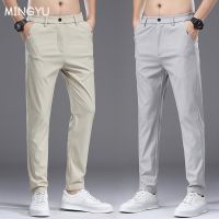 asdsadsaaff Mingyu-Calça Casual Fina Masculina ยืด เข้ารูปพอดี elástico na cintura negócios clássica cáqui coreano cinza claro calça masculina marca verão