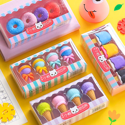 4 pcsset Novelty Cartoon Dessert Series Erasers Cute Mini Lollipop Icecream Rubber Pencil Eraser Kids Student School Stationery