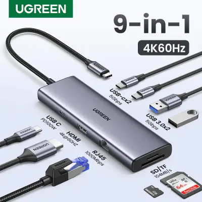 UGREEN อะแดปเตอร์ฮับ USB Type C มัลติพอร์ต 9-in-1 4K 60Hz USB C HUB Docking Station Type C to HDMI 2.0 RJ45 PD 100W Adapter สำหรับ Macbook Air Pro iPad Pro M2 M1 PC Accessories USB 3.0 HUB Model: 60515