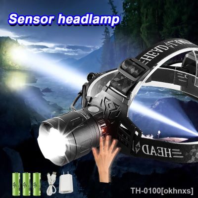 ♗ Poderoso USB recarregável farol LED sensor farol impermeável cabeça tocha zoom lanterna de pesca lanterna 18650