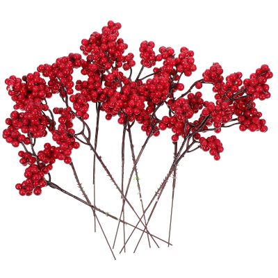 10pcs/sets Christmas Red Berries Stems Ornament Fake Snow Pine Branch Cone Berry Holly Xmas Tree Decoration Supplies Gift Decor
