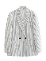 YENKYE 2023ผู้หญิง Vintage Double Breasted Striped Blazer Vintage แขนยาวกระเป๋าหญิงฤดูใบไม้ร่วง Outerwear