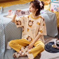 Kawaii Anime Women Summer Pajamas Set Cotton Pajamas Female Elegant Purple Patchwork Short Sleeve Homewear Princess Sleepwear