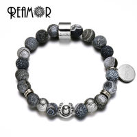 REAMOR Stainless Steel Lucky Horseshoe Beads Match Natural Weathering Black Onyx Strand Beads Stretch Bracelets for Men Jewelry