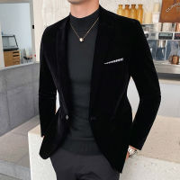 ฤดูใบไม้ร่วงฤดูหนาวกำมะหยี่สีทอง Blazer คุณภาพสูง Slim Fit เสื้อสูทแฟชั่น Casual Men Groom Singer เครื่องแต่งกายอย่างเป็นทางการชุดราตรี