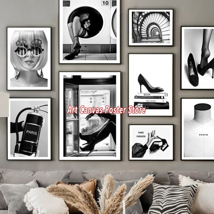 สีดำสีขาวหรูหราแฟชั่นปารีสผู้หญิงเงินผนังศิลปะ-ผ้าใบจิตรกรรมนอร์ดิกโปสเตอร์-ที่สมบูรณ์แบบสำหรับห้องนั่งเล่นตกแต่ง