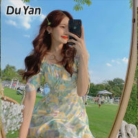 Du Yan ชุดเดรสลายดอกไม้คอเหลี่ยมเอวสูงอารมณ์ฝรั่งเศส