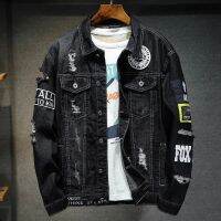 Men Brand Denim Jacket Streetwear Punk Motorcycle Ripped Print Cowboy Coats High Quality Casual Hole Loose Male Jeans Outwear