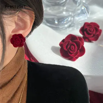 Beauty and the beast rose flower earrings, Red velvet earrings, Pearl –  WithHerNYC