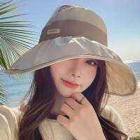 【CW】Spring Summer Women Sun Hat Waterproof Black Glue Sun Protection Empty Top Cap 12Cm Wide Brim Bucket Hat เมจิกเทปปรับได้