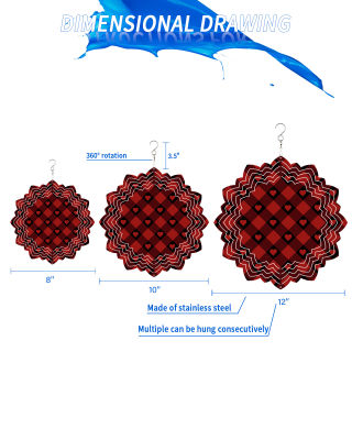 สีแดงสีดำ Checkered Heart กระดิ่งลมกลางแจ้งสวนระเบียงสแตนเลสแขวนตกแต่งบ้าน3D หมุน Wind Spinner