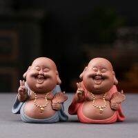 Ceramic Amitabha Laughing Buddha Statue Raw ore purple sand handmade sculpture Home decoration lucky ornamentsTea set decoration