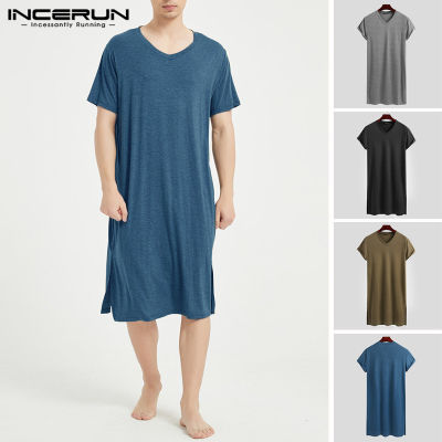 Men Sleep Robes Short Sleeve Solid Cotton 2022 V Neck Soft Bathrobes Leisure Comfortable Men Nightgown Homewear INCERUN S-3XL 7