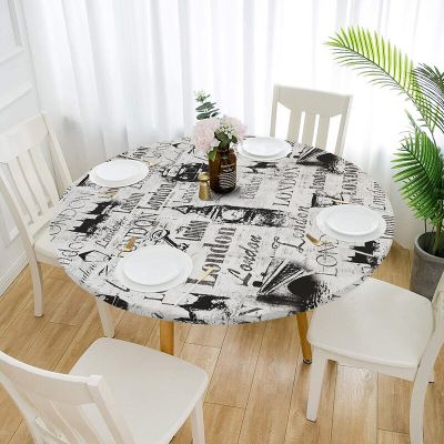 Round Waterproof Non-slip Elastic Tablecloth Classic Pattern Table Cloth Cover Home Kitchen Dining Room