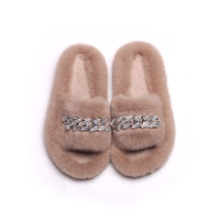 Fluffy Flip Flops Furry Fur Slides Diamond Chain Plush House Slippers Women Fashion Open Toe Faux Fur Slippers Indoor Warm Shoes