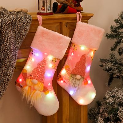 2021 Pink Christmas Stocking Fabric Santa Claus Sock Gift Kids Candy Bag With Lights Glowing Rudolph Navidad Hanging Sock Decor