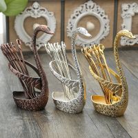 7 Pcs Swan Base Holder Dinnerware Set Stainless Steel Gold Spoon Fork Cutlery Coffee Cake Fruit Salad Dessert Flatware Teaspoon