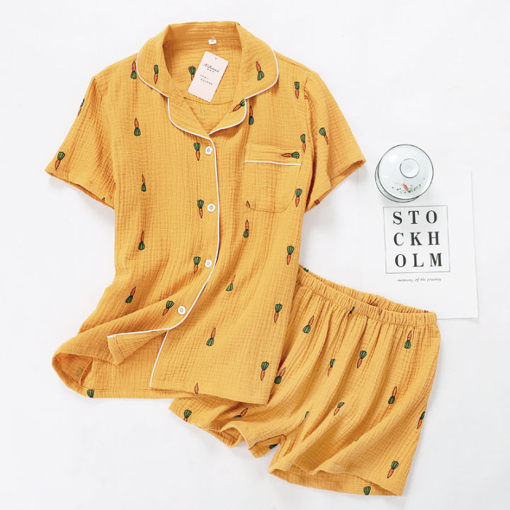 2021nhkdsasa-shorts-sets-pajamas-suit-women-summer-couple-cotton-crepe-ladies-solid-simple-short-sleeved-shirt-mens-home-service