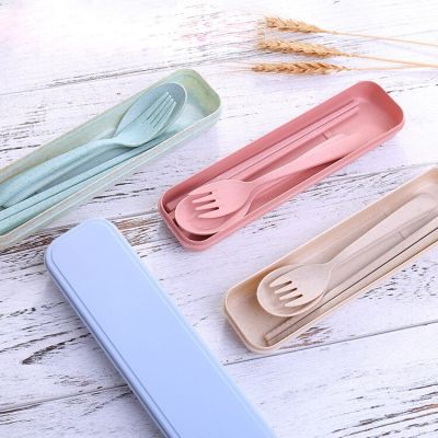3PCS/Set Cutlery Wheat Straw Spoon Fork Chopsticks With Box Students Tableware Travel Portable Dinnerware Kitchen Accessories Flatware Sets