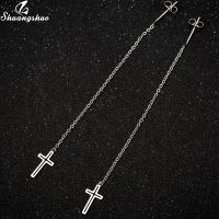 [HOT] Shuangshuo Sweet Cross Drop Dangle Earrings for Women Stainless Steel Long Chain Cross Pendant Earings Girls Punk Wedding Gifts