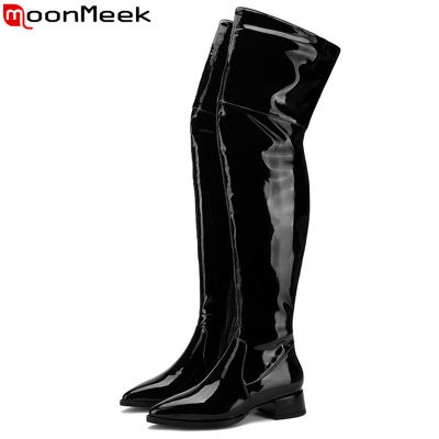 MoonMeek 2021 new over the knee boots pointed toe cow patent leather boots zip med heels classic thigh autumn winter boots women