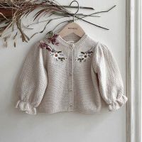 2023 Spring Autumn Infant Girls Cardigan Cotton Embroidery Floral Knitted Sweaters Plaid Lantern Sleeve Coat Baby Girls Outfits