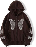 CELLEBII Sweatshirts for Women - Butterfly Print Zip Up Drawstring Thermal Hoodie (Color : Coffee Brown, Size : X-Large)