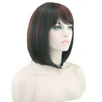 Short High Temperature Fiber Hair Cosplay Wigs Synthetic Hair Heat Resistant BOBO Wig Black Mix Red Straight Hair Wig  Hair Extensions Pads