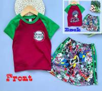 [2IKids] เสื้อผ้าเด็ก ชุดเด็ก เสื้อยืดแขนสั้น สกรีนลายหน้า-หลัง + กางเกงขาสั้น ผ้าคอตตอนพิมพ์ลาย ชุดดาบพิฆาตอสูร  กิยู ติดแถบเท่ห์ๆ