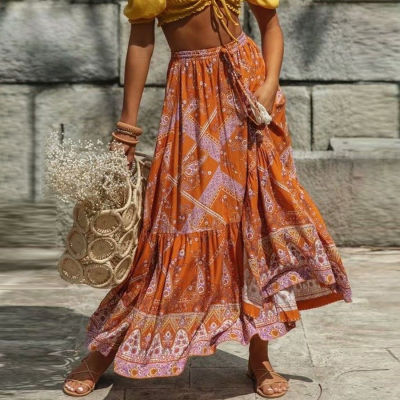 TEELYNN maxi skirt orange cotton Floral Print Split Sexy summer Skirts Vintage Beach Casual Clothes Bohemian Long Women Skirts
