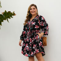 Plus Size Floral Dress Women Summer V Neck Long Sleeve Pockets Casual Midi Dresses Big Size Ladies Boho Beach Dress