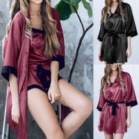 Lingerie Kimono Sleepwear Sexy Pajamas Silk Kimono Black Robe Lingerie Lace Women Satin Bathrobe intimates accesorios Women