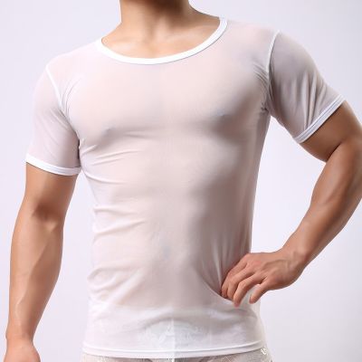 เสื้อยืดผู้ชายสีขาว/ดำสำหรับรัดรูปออกกำลังกายเสื้อซับในแขนยาวตาข่ายซีทรูบางๆของเสื้อโปร่งแสง