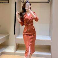 COD clothes 高档春装连衣裙女2023新款西装领气质收腰显瘦中长款包臀连衣裙子