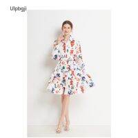 Vacation Style Ruffled Womens Lapel Lantern Sleeve Printed Waist-Controlled Slimming Dress