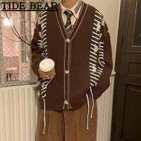 TIDE BEAR ผู้ชาย อเมริกันเรโทรถนน ฮิปฮอปบุคลิกภาพเชือกองค์ประกอบหลวมแฟชั่นผู้หญิงเสื้อสเวตเตอร์ถักแขนยาว