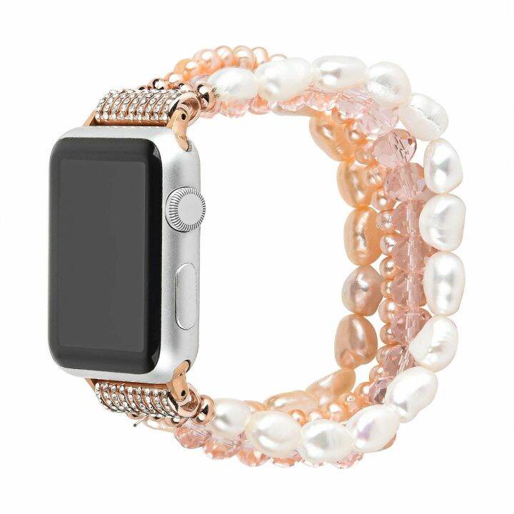 สร้อยข้อมือมุกคริสตัลยืดยืดหยุ่นสำหรับ-apple-watch-band-series-5-4-40mm-44mm-ผู้หญิง-bling-สายสำหรับ-iwatch-1-2-3-38mm-42mm