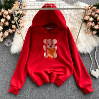 Korean Chic Cartoon Bear Embroidery Hoodies Sweatshirt Women Casual Spring Autumn Long Sleeve Loose Sports Pullovers Streetwear