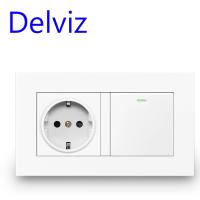 Delviz Wall Power Socket 16A White AC 110-250V Outlet 1 Gang 2Way / 1Way on-off push button Panel EU Standard Light Switch