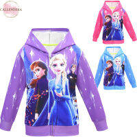 เสื้อแจ็คเก็ตเด็กผู้หญิง Cartoon Frozen Printed Hooded Zipper Cardigan Sweater For 4-10 Years Old