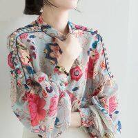 2020 spring and summer new simulation silk elegant shirt female fresh printing wild lantern sleeve r chiffon shirt